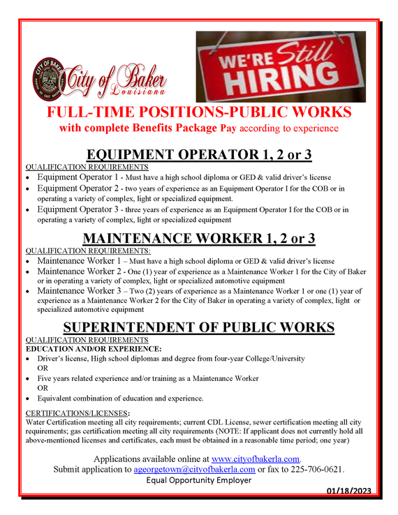 Employment Opportunities with the City of Baker Details Inside!