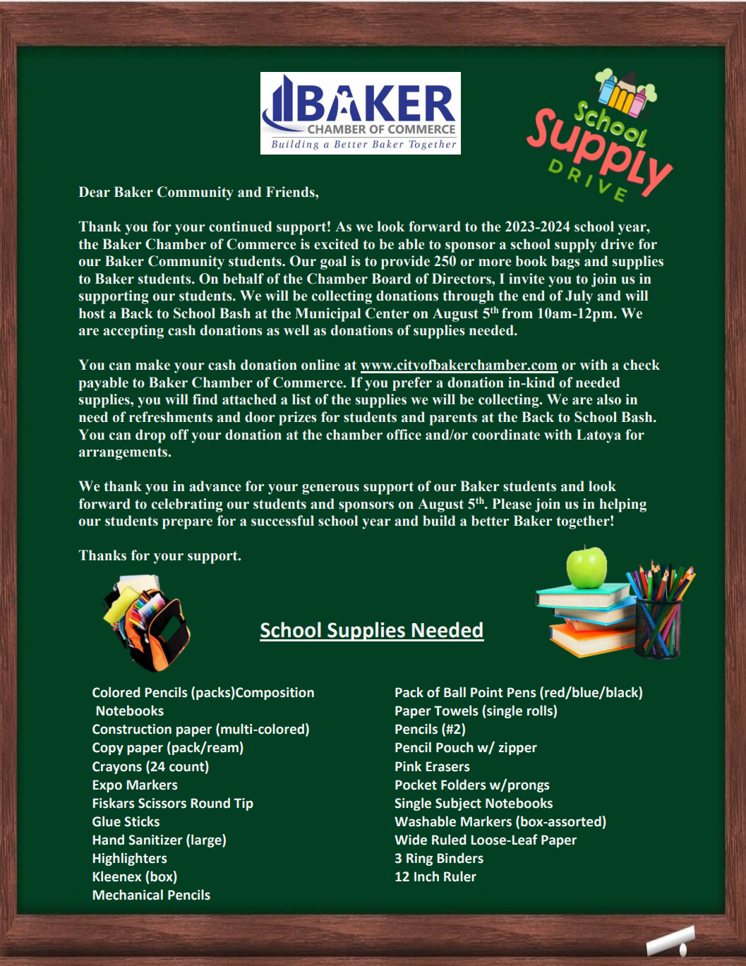 The Baker Chamber of Commerce School Supplies Drive is Underway Watch