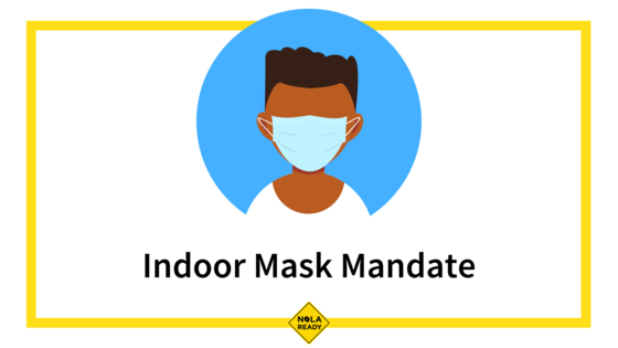 graphic of a person wearing a mask, with the words "Indoor Mask Mandate"