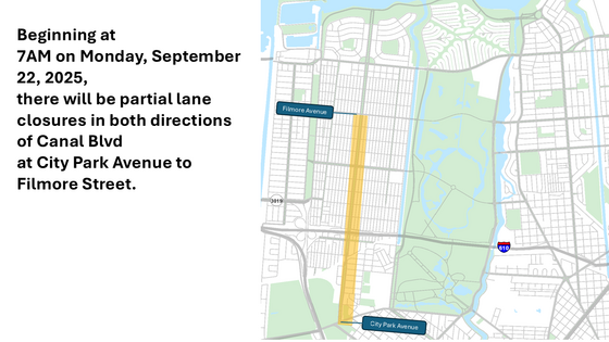 TRAFFIC ADVISORY: TEMPORARY LANE CLOSURES OF CANAL BOULEVARD (CITY PARK AVENUE - FILLMORE AVENUE) 