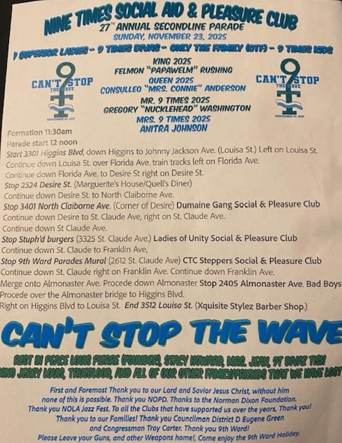 Nine Times Social Aid & Pleasure Club 27th Annual Secondline Parade