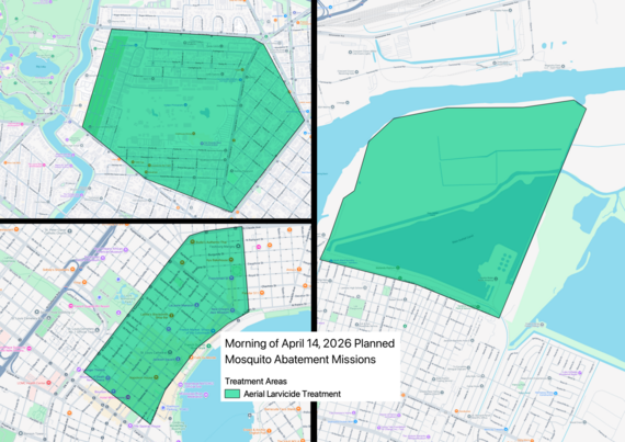 Map showing the areas that will be sprayed by helicopter on the morning of April 14. The street boundaries are described in the text.