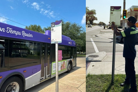 New bus stop signage being installed and on street.