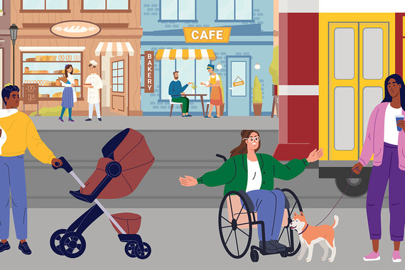 Illustration of riders on streetcar line