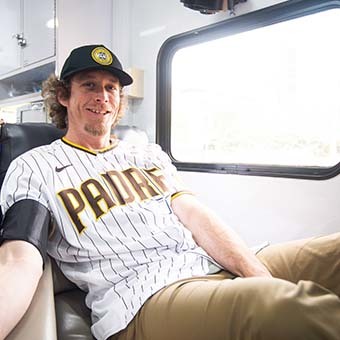 Padre reliever Tim Hill donates blood at the San Diego Blood Bank event.