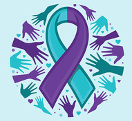 Suicide prevention month ribbon with hands surrounding it