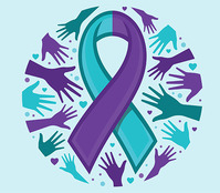 Suicide prevention ribbon surrounded by hands