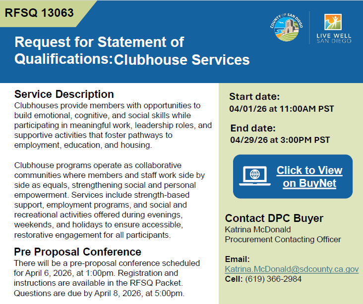 Flyer for Request for Statement of Qualifications: Clubhouse Services