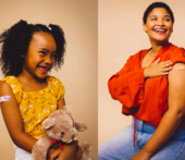 Happy people who got vaccinated, with band-aids on their arms