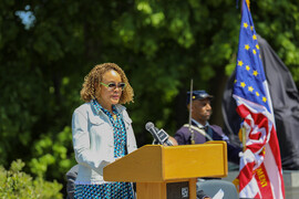 Princeton University Professor Tera Hunter speaking to the crowd during the ceremony