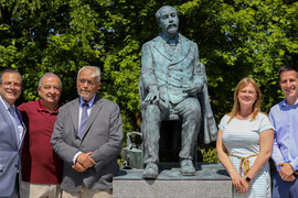 State Representative Paul McMurtry, members of the Dedham Select Board, and William B. Gould IV at the new William B. Gould Statue