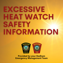 Excessive Heat Watch  Safety Information intro slide with yellow background and Fire and Police badges