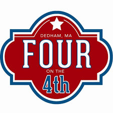 Four on the 4th road race logo with red text that reads Dedham MA Four on the 4th