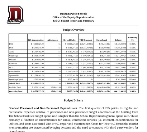 First page of Dedham Public Schools FY25 Q1 Update