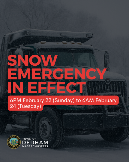 Snow Emergency 6PM February 22 to 6AM February 24 in front of snowy DPW truck