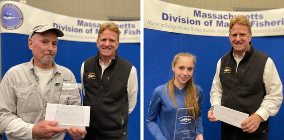 Winning anglers of the year holding up their trophy at the Massachusetts Saltwater Derby Awards ceremony.