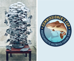 New derby statue is shown next to Commissioner's Cup logo. 