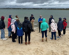 group meets for horseshoe crab training. 