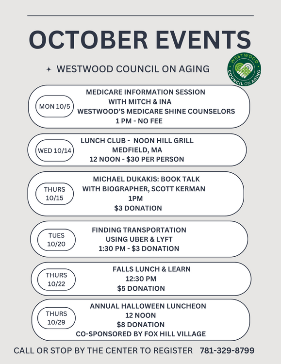 October events at the Council on Aging, including lunch club, Michael Dukakis book talk, and a Halloween luncheon