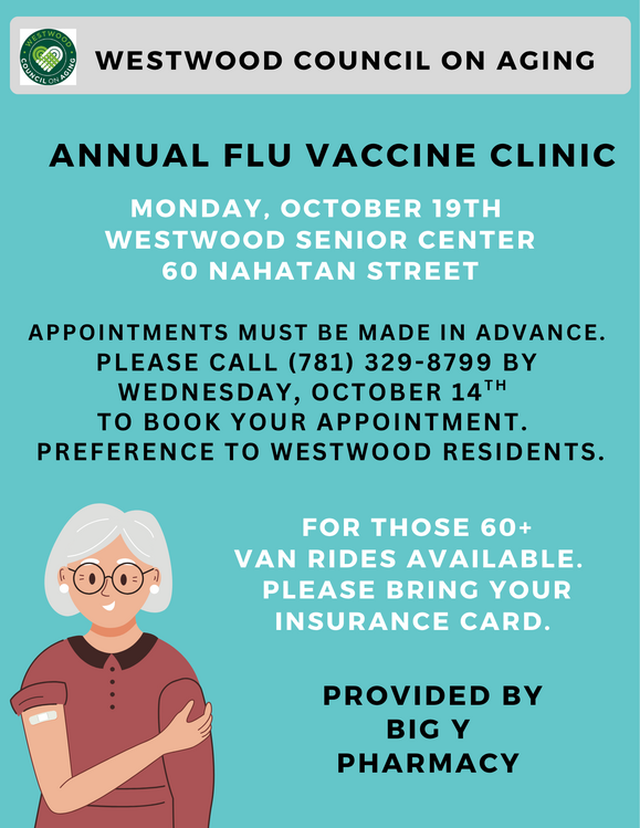 Light blue flyer for the annual flue vaccine clinic at the Council on Aging on October 19