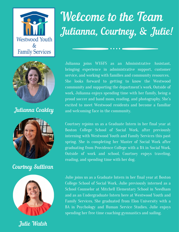 Turquoise flyer welcoming new staff members to Youth and Family Services