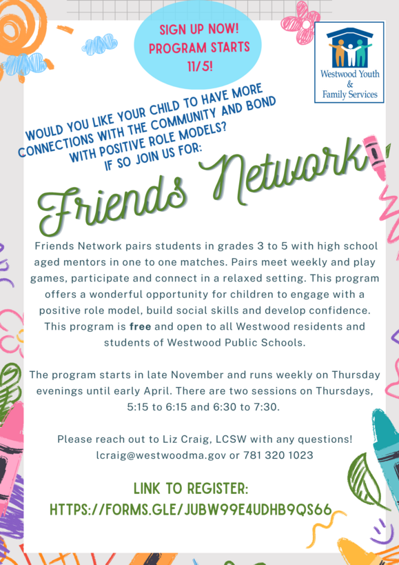 Flyer for the Friends Network program that pairs third through fifth graders with a high school mentor