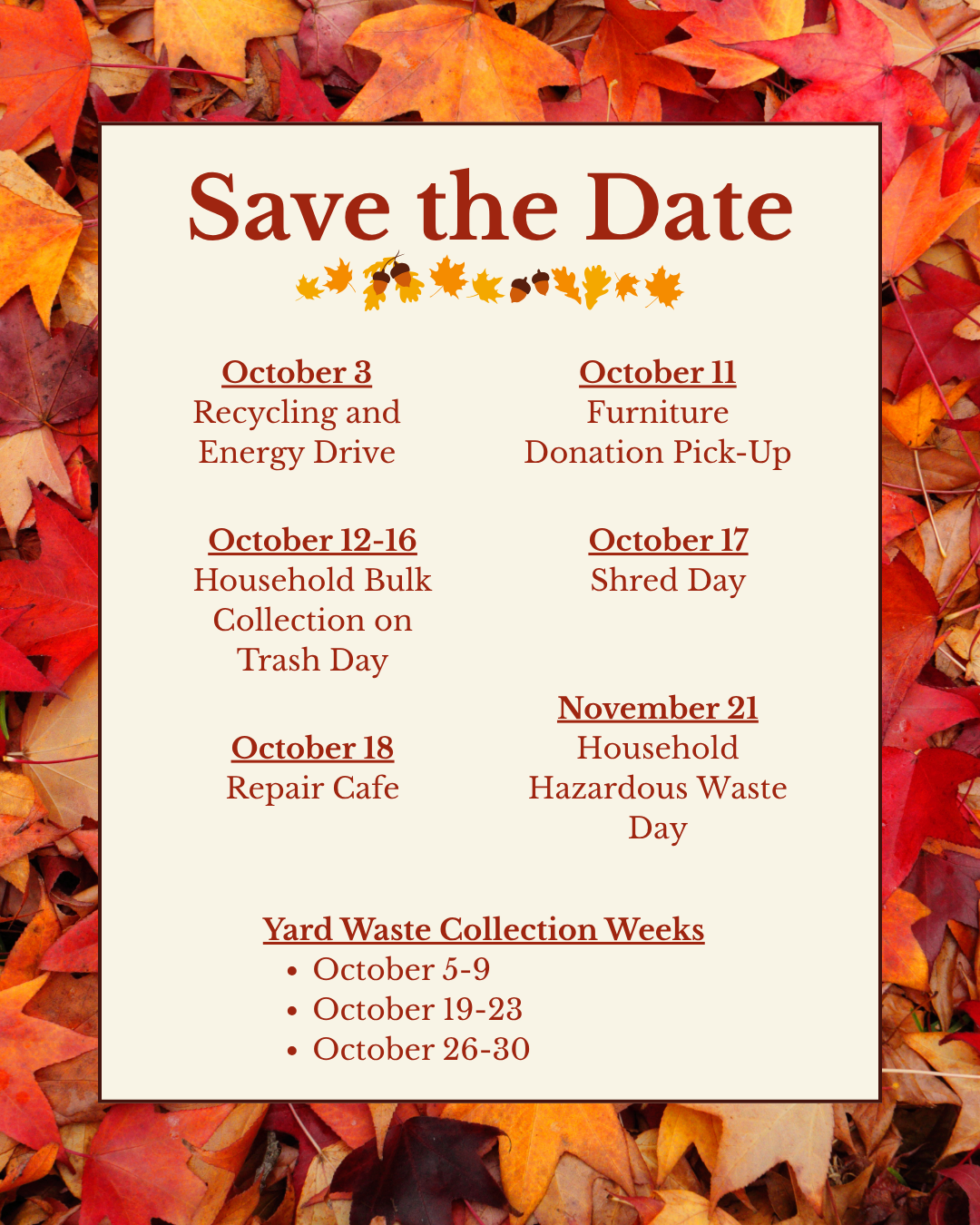 Fall leaves over a list of DPW events, including yard waste collections, shred day, and household hazardous waste day