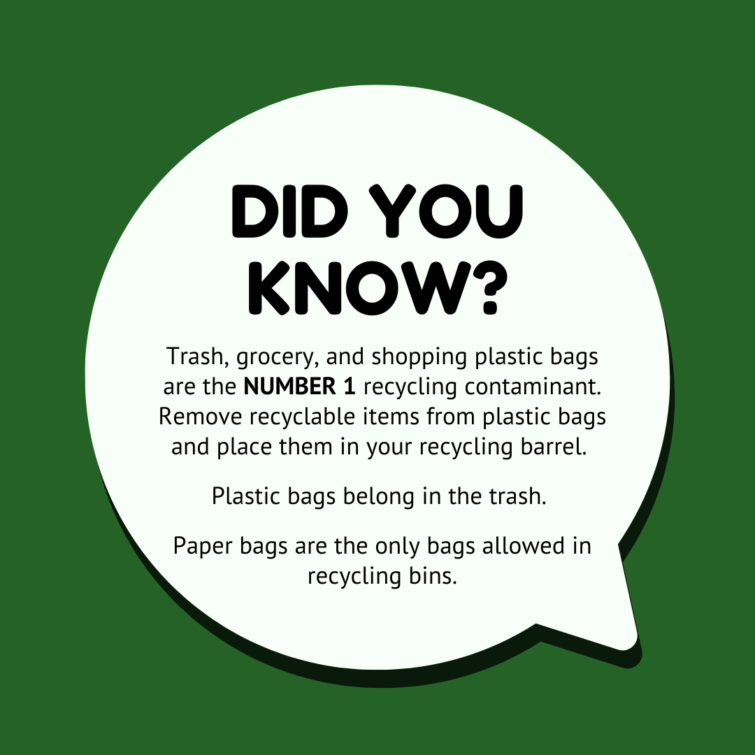 Green bubble with information about plastic bags being the number one recycling contaminant 