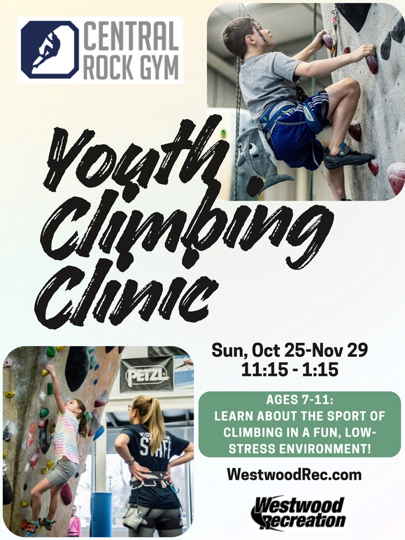 Youth Climbing Clinic beginning on October 25 with images of children rock climbing
