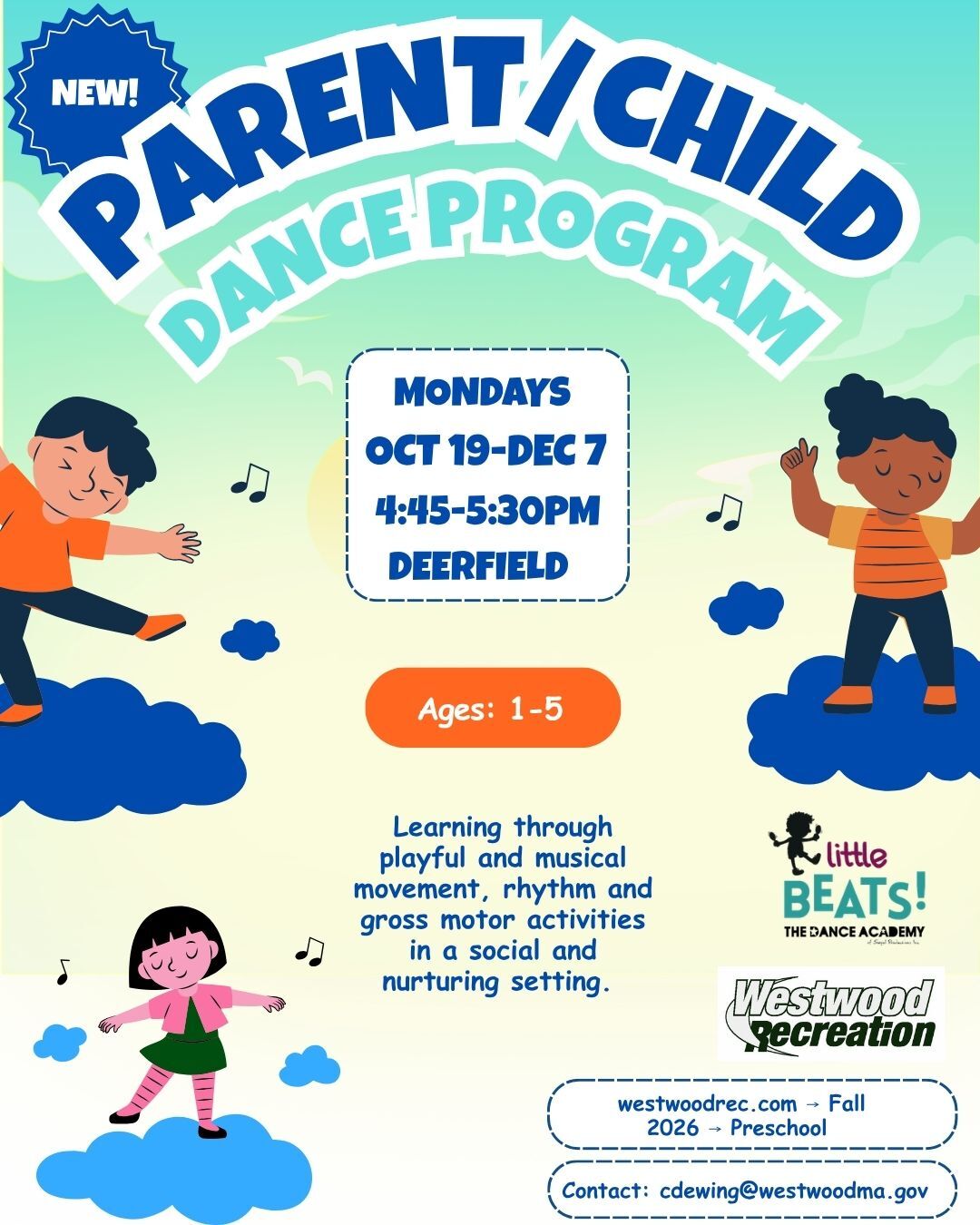 Flyer for new parent/child dance program for kids ages 1 to 5 beginning October 19