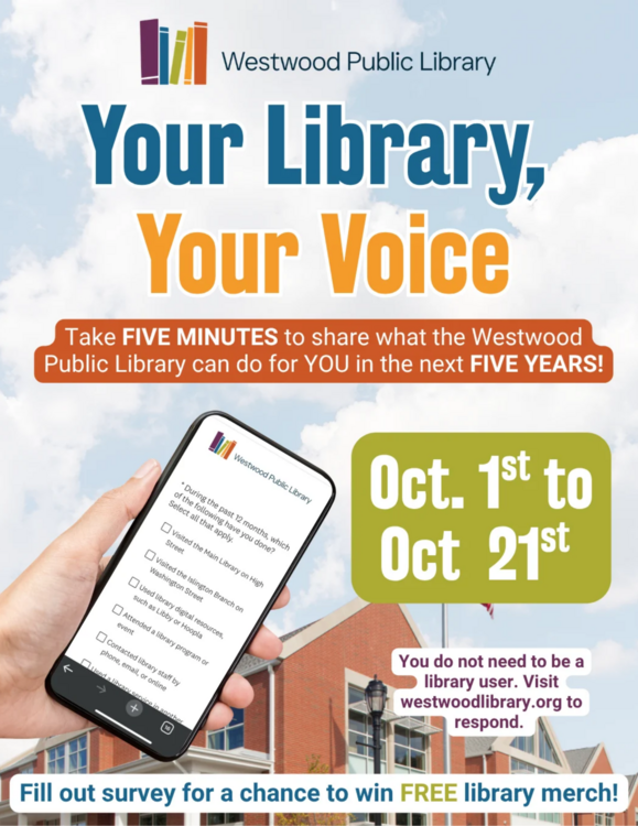 Flyer for Westwood Public Library Survey open through October 21