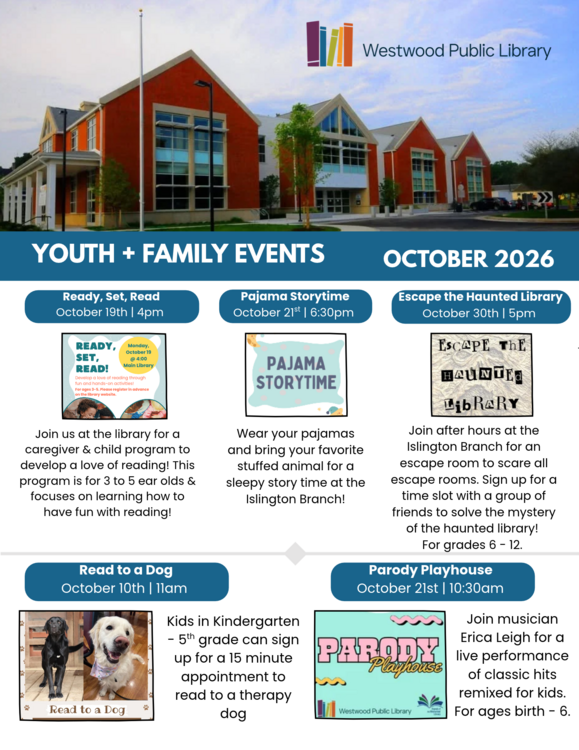 Youth and Family events at Westwood Public Library for the month of October