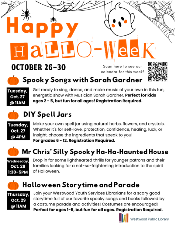 Halloween events at Westwood Public Library from October 26 to 30