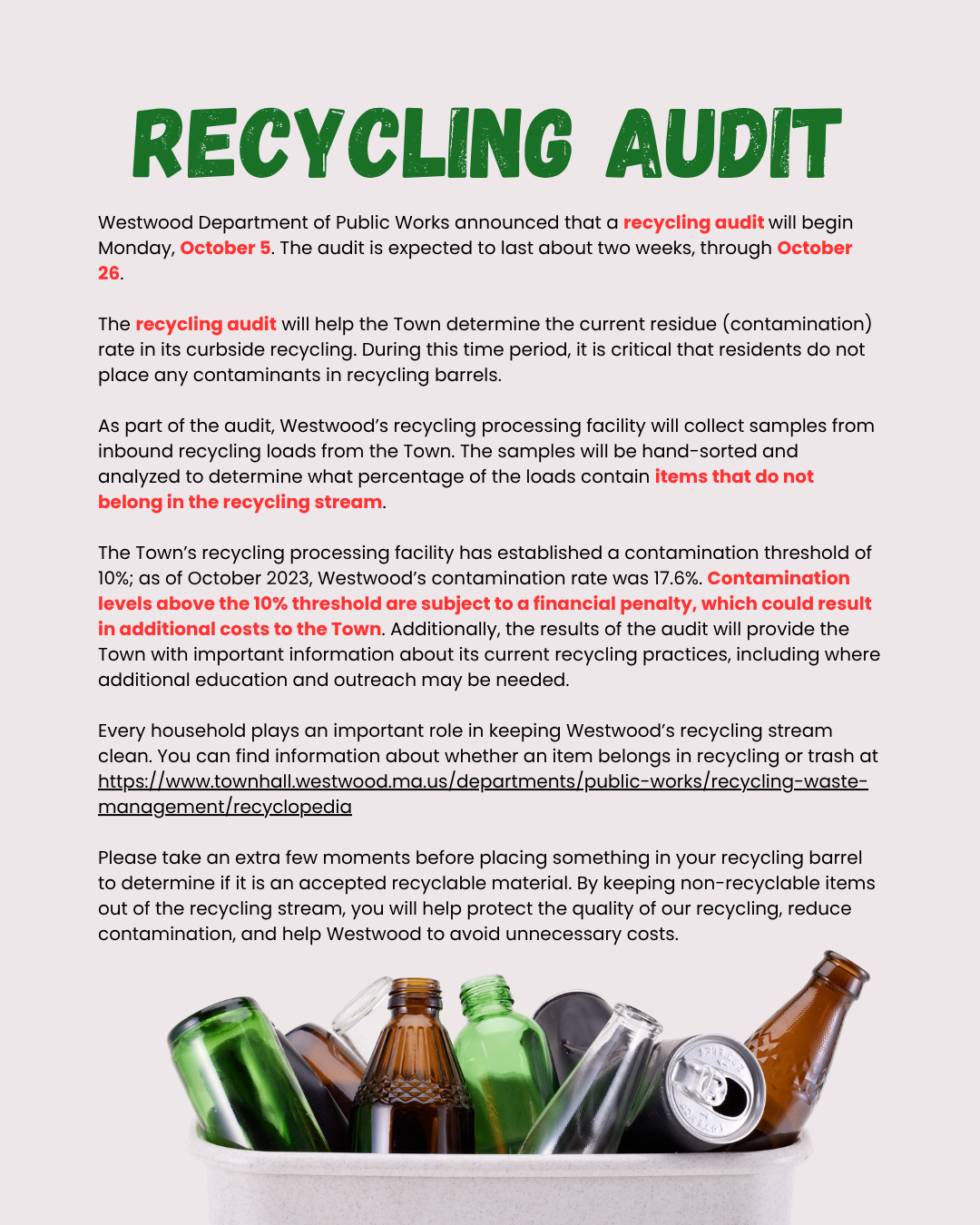 Details about the upcoming recycling audit beginning on October 5