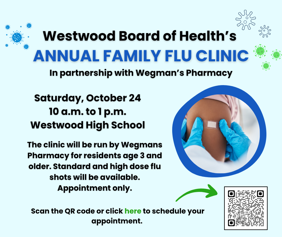 Light blue flyer advertising a flu clinic on October 24