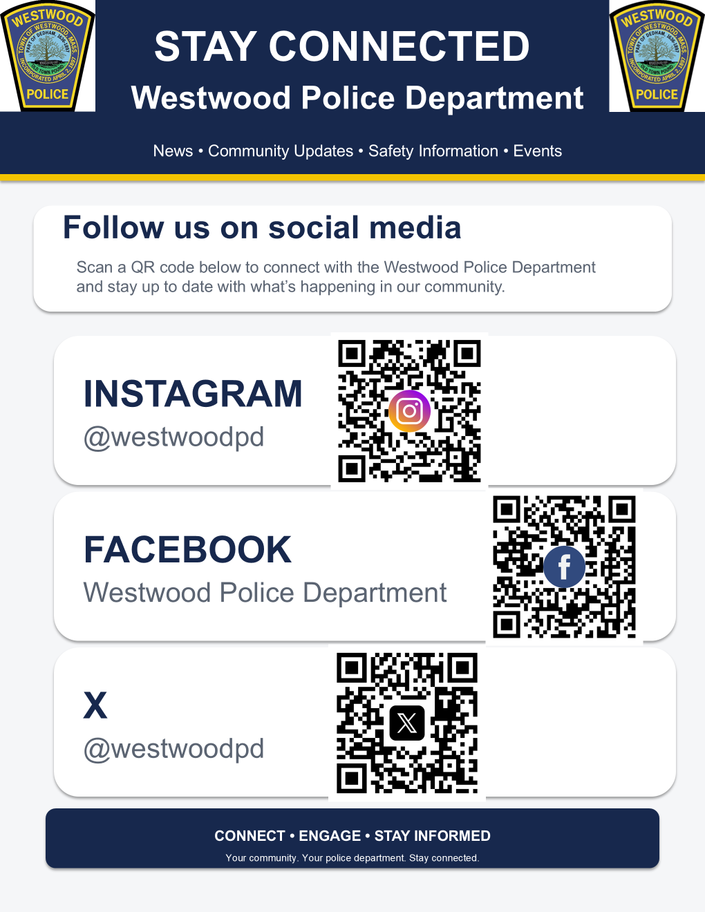 Flyer to follow Westwood Police Department on social media with QR codes