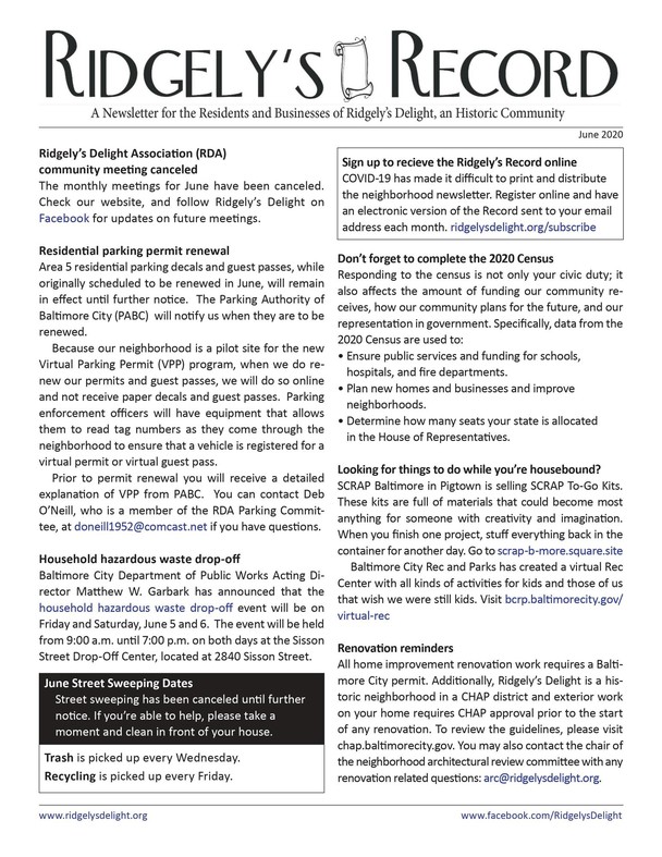 Ridgely's Delight Newsletter