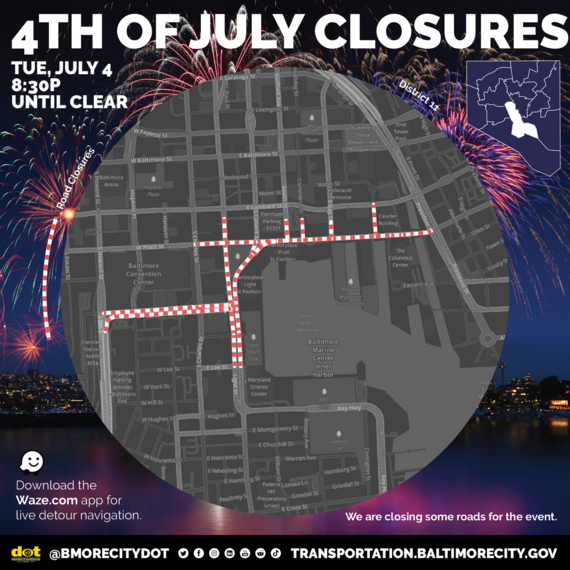 Map of road closures for July 4th festivities in downtown Baltimore