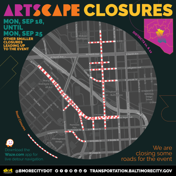 Map of Artscape closures.  All information shown in the map is listed in the information above.