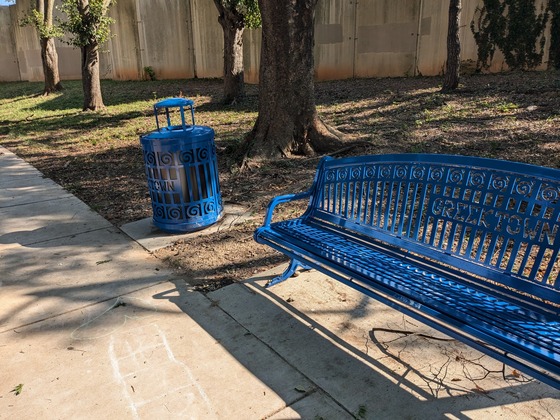 Greektown bench and trash can