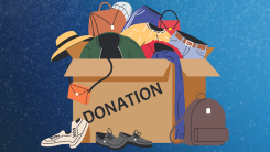 Clipart of a donation box full of winter clothing items