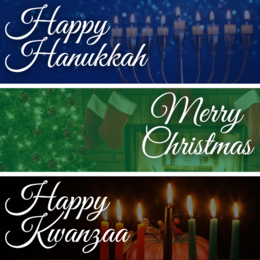 Happy Holidays graphic - Hanukkah, Christmas, Kwanzaa