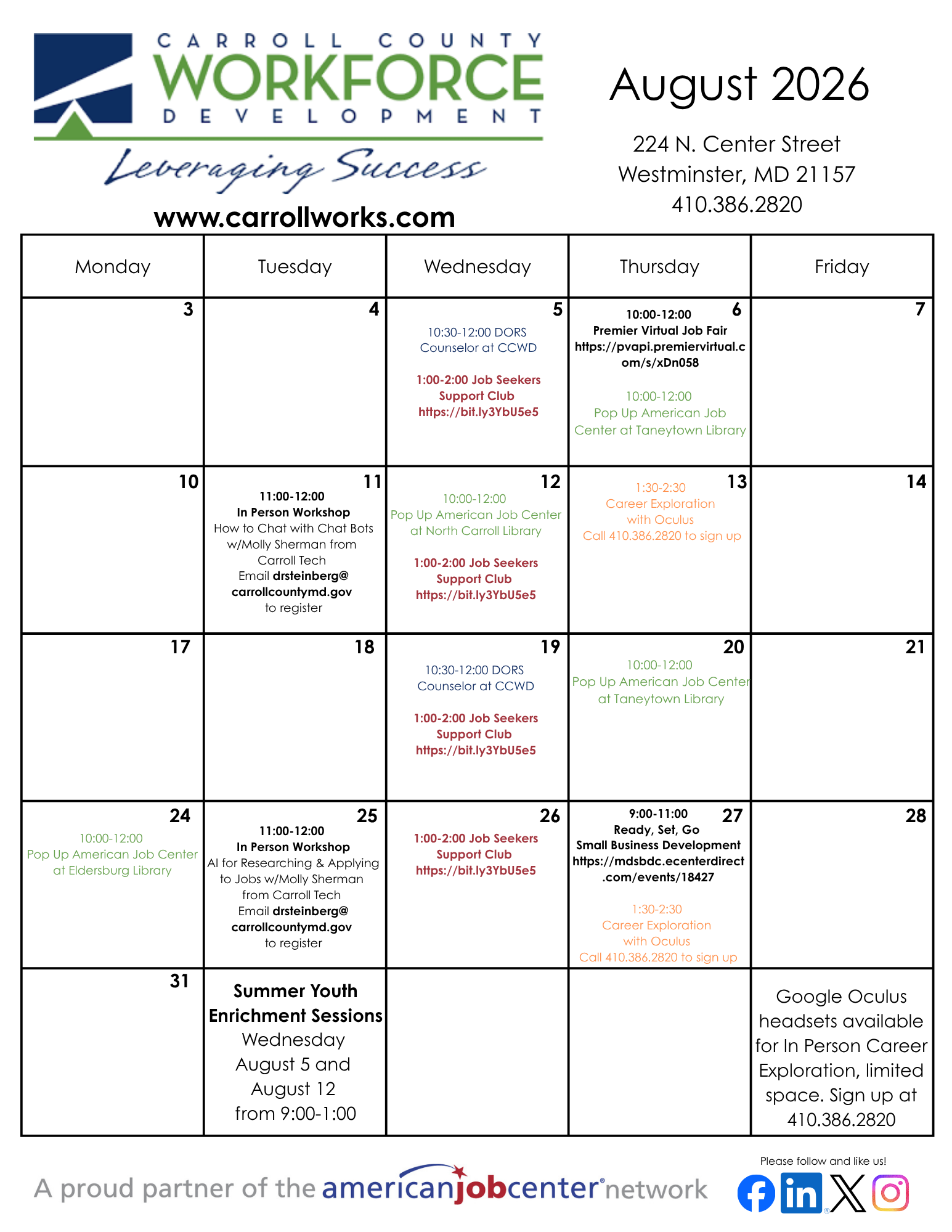 Carroll County Workforce Development Calendar of Events August 2026