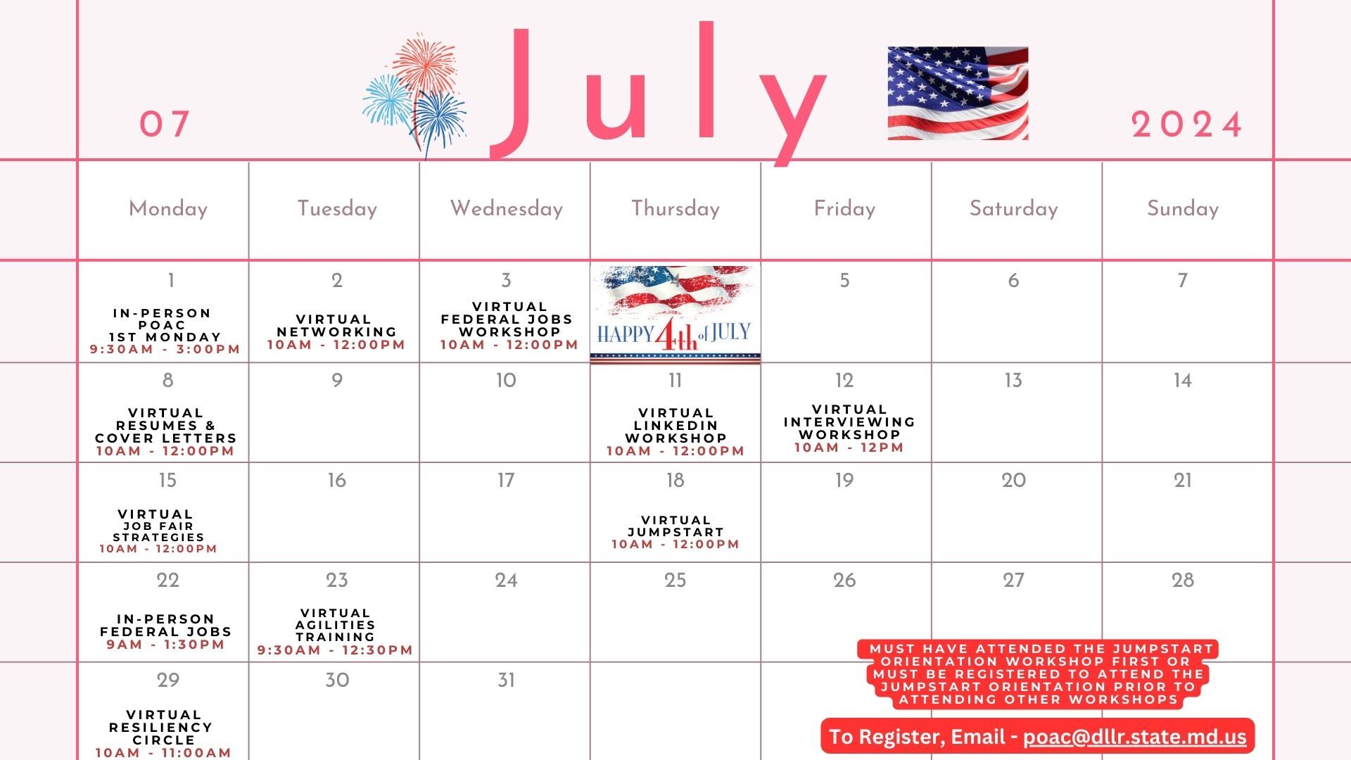 PROFESSIONAL OUTPLACEMENT ASSISTANCE CENTER JULY 2024 CALENDAR