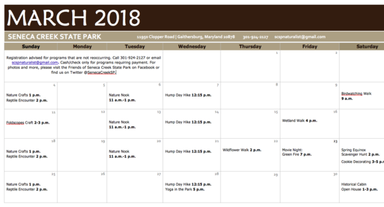 Calendar showing March events at Seneca