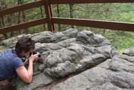 Hiker takes an up close photograph of geology and insects at Rocky Gap State Park. 