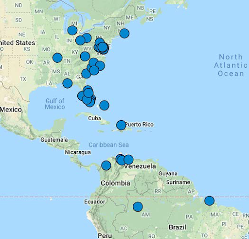 A geographic map looking at North and South America showing points where tagged ospreys have traveled.