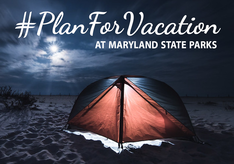 Photo of tent on beach with text "plan for vacation"