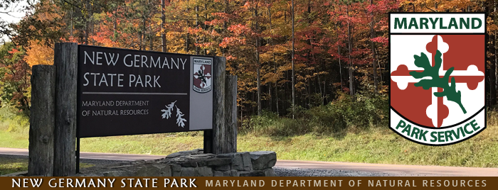 Photo of fall color at New Germany State Park entrance sign