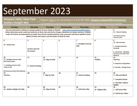 PVSP September 2023 Program Calendar